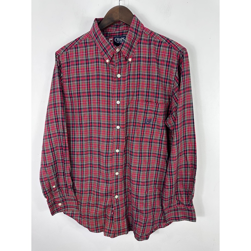 Chaps Button Down Shirt Mens Medium Red Plaid Long Sleeve Preppy Casual Cotton